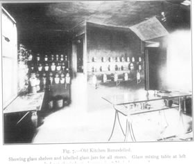 Fig. 7.&mdash;Old Kitchen Remodelled.
Showing glass shelves and labelled glass jars for all stores.
Glass mixing table at left (*remainder cut off).