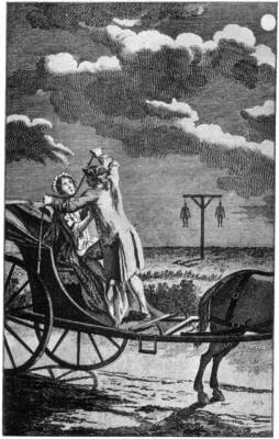 The assailant is strangling his victim with a whip-thong; nearby is a
typical roadside gallows with two highwaymen dangling from the
cross-tree&mdash;(<i>From the Newgate Calendar</i>)