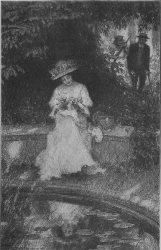 Illustration: MLLE. COIRA O'HARA SAT ALONE UPON THE STONE
BENCH 