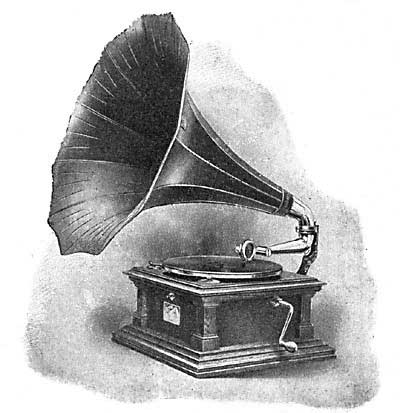 FIG. 196.&mdash;A phonograph. In this machine the cylinder
is replaced by a revolving disk.