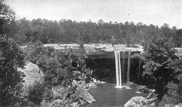 Waterfall near Gadsden, Alabama. The upper shelf of
rock is a hard sandstone, the lower beds are soft shale. The
conditions are those of most waterfalls, such as Niagara.