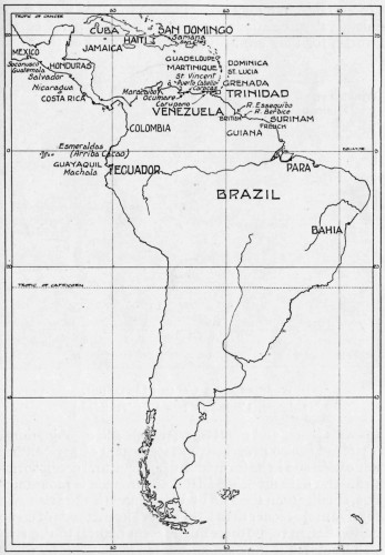 MAP OF SOUTH AMERICA AND THE WEST INDIES.
Only cacao-producing areas are marked.