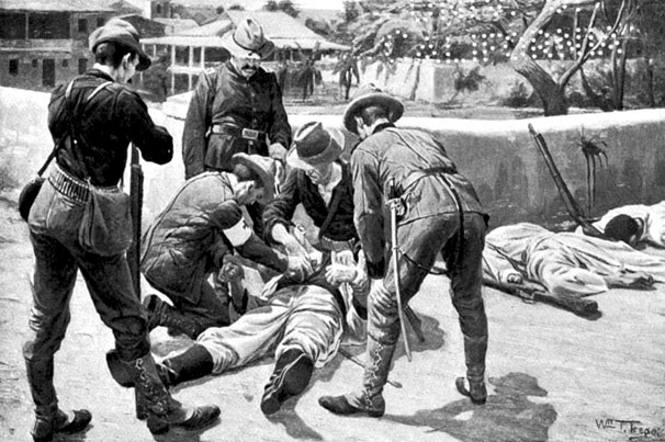 Grouped about a prostrate form in the pale blue uniform
of a Filipino Captain