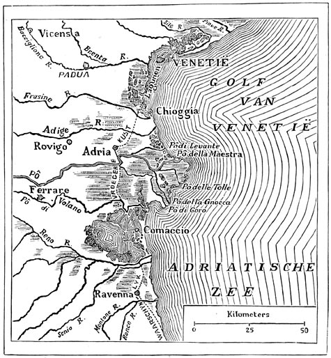 Fig. 102. Geleidelijke vermindering van de zee aan de monding van de Po.