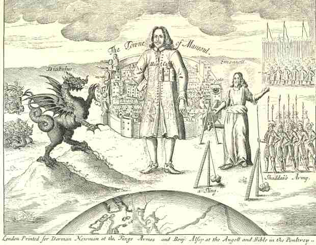 Facsimile of the Frontispiece to the first edition of the Holy
War, engraved by Robert White.  The portrait of Bunyan drawn on
vellum by the same artist, and preserved in the Cracherode
Collection, furnished the basis of the full-length portrait, and
also of the sleeping likeness prefixed to the third edition of
the Pilgrim&rsquo;s Progress, 1679