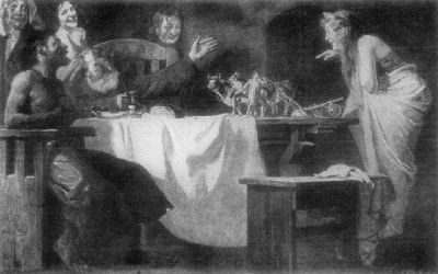 A painting showing a family of six giants, looking at a man with
his oxen and plough standing on their table.