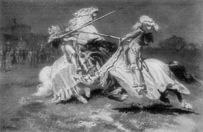 A painting showing two knights jousting. A group of other knights
watch, while a castle tower can be seen in the background.