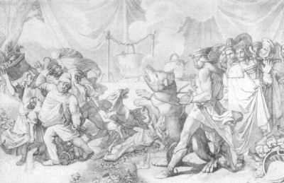 A lithograph showing Siegfried dragging a bear into his camp. Other people
in the camp are running away or drawing back in horror from the beast.