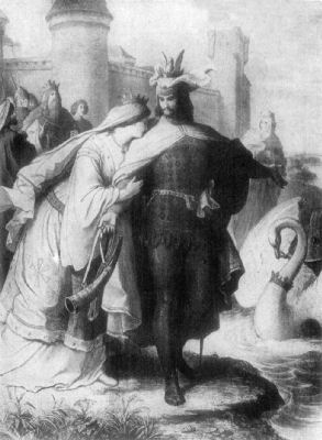 A painting showing Lohengrin standing on the bank of the river outside the
castle of Cleve. His wife holds his arm, with her face buried in his shoulder.
The swan which draws his boat is to the side of them, while other people look
on in the background.
