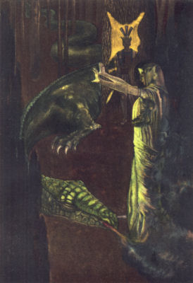 Medea, arms outstretched, stands over the prone dragon. Jason waits
in front of a tree, the golden fleece hanging from its trunk.