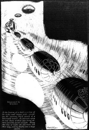 At the bottom of a shaft a section of the rocky wall
swung aside, revealing the yawning black mouth of a horizontal tunnel.
At intervals upon its roof there winked into being almost invisible
points of light. Along that line of lights the life-boats felt their
way, coming finally into a huge cavern....