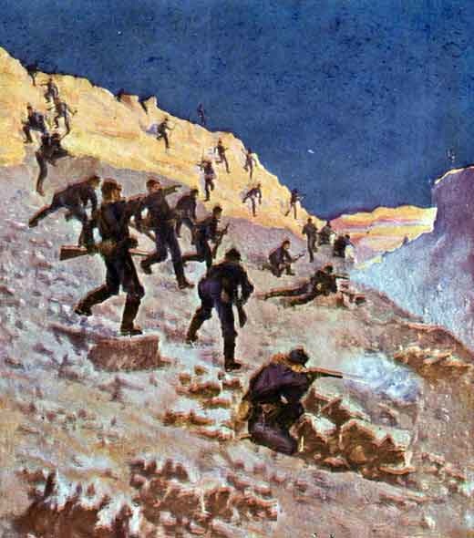 Scrambling down the adjacent slope every man for
himself.