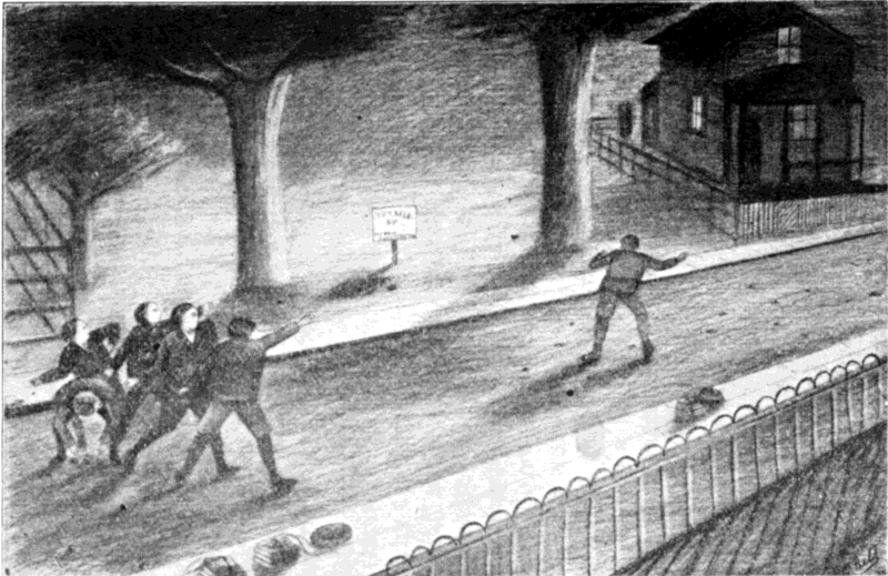 The rock battle was now on in earnest, the white boys
feeling sure that their superior numbers would soon put the lone warrior
to flight."(54-55)