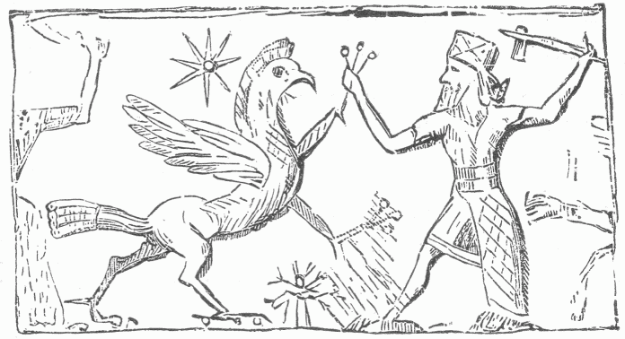 72.&mdash;BEL FIGHTS THE DRAGON&mdash;TIAMAT (ASSYRIAN CYLINDER.)
(Perrot and Chipiez.)