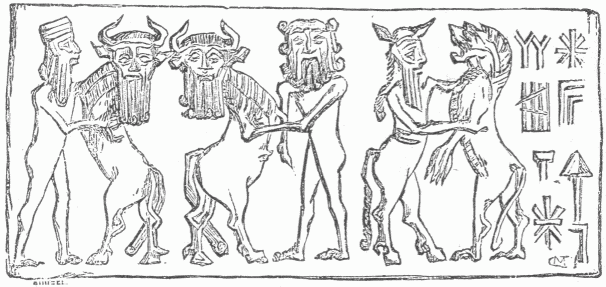 78.&mdash;IZDUBAR AND &Ecirc;AB&Acirc;NI (BABYLONIAN CYLINDER). (Perrot
and Chipiez.)