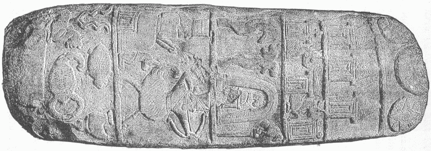 80.&mdash;STONE OBJECT FOUND AT ABU-HABBA (SIPPAR) BY MR. H.
RASSAM, SHOWING, AMONG OTHER MYTHICAL DESIGNS, SHAMASH AND HIS WARDER,
THE SCORPION-MAN.