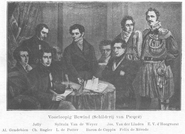 Voorlopig bewind (Schilderij van PICQU&Eacute;) Joly Sylvain van de Weyer Jos. van der Linden E. V. d'Hoogvorst Al. Gendebien Ch. Rogier L. de Potter Baron de Coppin Felix de M&eacute;rode