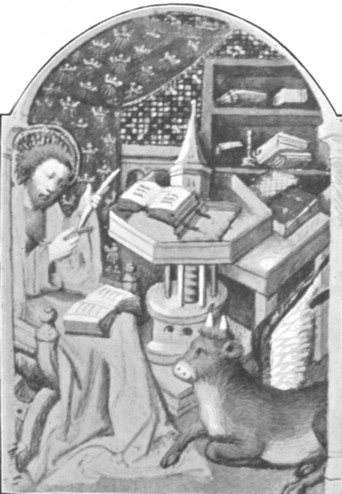 Fig. 142. S. Luke writing his Gospel. From the Dunois Hor&aelig;, a MS. in the possession of H. Y. Thompson, Esq.