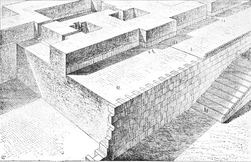 Fig. 47.&mdash;Section in perspective through the south-western
part of Sargon's palace at Khorsabad; compiled from Place.