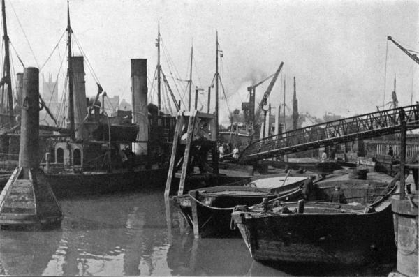 BILLINGSGATE FISH MARKET, LONDON

The Thames Side of the Market, Showing the Steam Carriers Unloading their Cargoes Direct into the Sale Room.