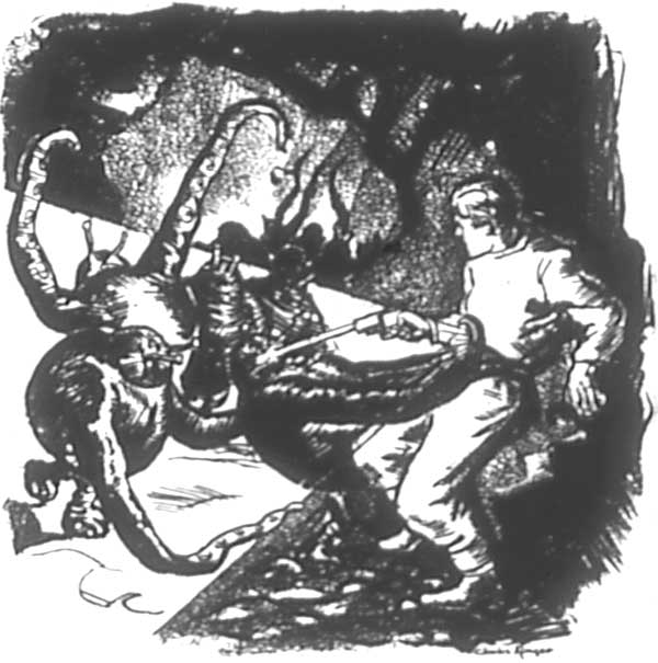 He aimed it, and the Thing gripping him was hurled
back upon the others.