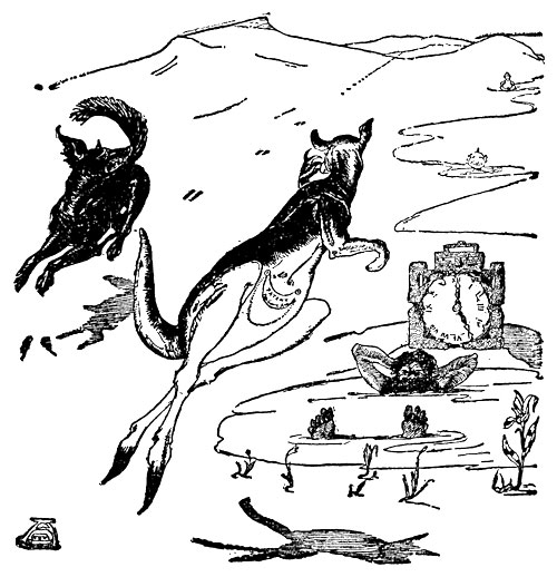 This is the picture of Old Man Kangaroo at five in the
afternoon, when he had got his beautiful hind legs just as Big God
Nqong had promised. You can see that it is five o'clock, because Big
God Nqong's pet tame clock says so. That is Nqong in his bath,
sticking his feet out. Old Man Kangaroo is being rude to Yellow-Dog
Dingo. Yellow-Dog Dingo has been trying to catch Kangaroo all across
Australia. You can see the marks of Kangaroo's big new feet running
ever so far back over the bare hills. Yellow-Dog Dingo is drawn black,
because I am not allowed to paint these pictures with real colours out
of the paint-box; and besides, Yellow-Dog Dingo got dreadfully black
and dusty after running through the Flinders and the Cinders.

I don't know the names of the flowers growing round Nqong's bath. The
two little squatty things out in the desert are the other two gods
that Old Man Kangaroo spoke to early in the morning. That thing with
the letters on it is Old Man Kangaroo's pouch. He had to have a pouch
just as he had to have legs.