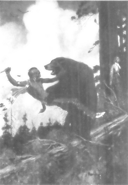 The Indian had been able to draw his knife and struck at
her again and again, while the bear held him in one of her most fervent hugs