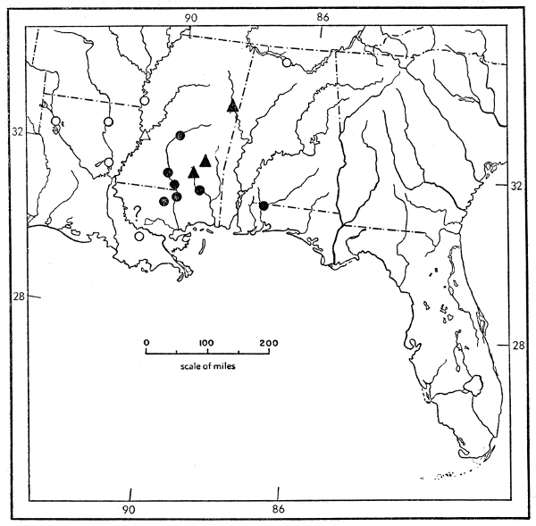 Fig. 1. Map of southeastern United States showing record stations of Trionyx
muticus calvatus (solid symbols) and Trionyx m. muticus (open symbols).
Circles indicate specimens examined; triangles indicate records in the literature.
The question mark refers to a specimen bearing catalogue number 17236 in
the collection of Tulane University (see comments on page 524 concerning
No. 17236 from the Amite River).