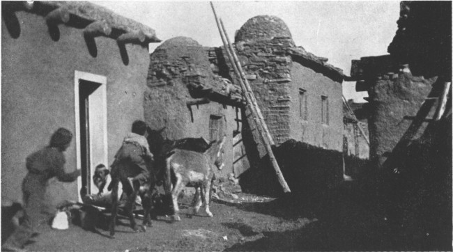 Pueblo boys at play in the streets of Zu&ntilde;i, New Mexico.
The dome-like tops on the houses are bake ovens