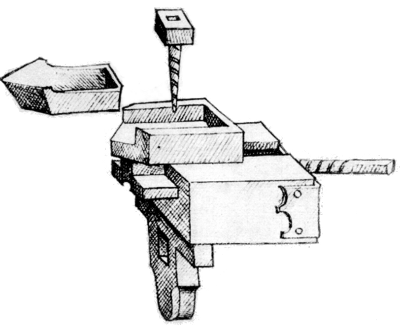 Figure 2.&mdash; Cross-slide for the thread-cutting lathe of
Das mittelalterliche Hausbuch, shown in figure 1. It is remarkable not
only for its early date, but also for its high state of development with
a crossfeed screw which had not become universally accepted 300 years
later. The cutter, shown out of its socket, is obviously sharpened for
use on wood.