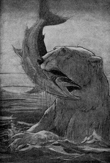 "THEN, WITH THE LARGEST PRIZE IN HIS JAWS, HE SWAM SLOWLY
TO THE ROCK."