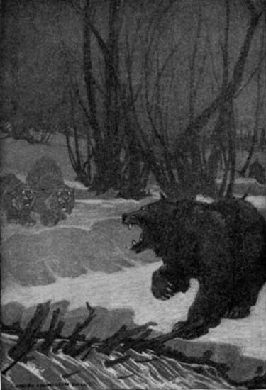 "CONFRONTING THE TWO GREAT CATS WITH UPLIFTED PAW AND
MOUTH WIDE OPEN."