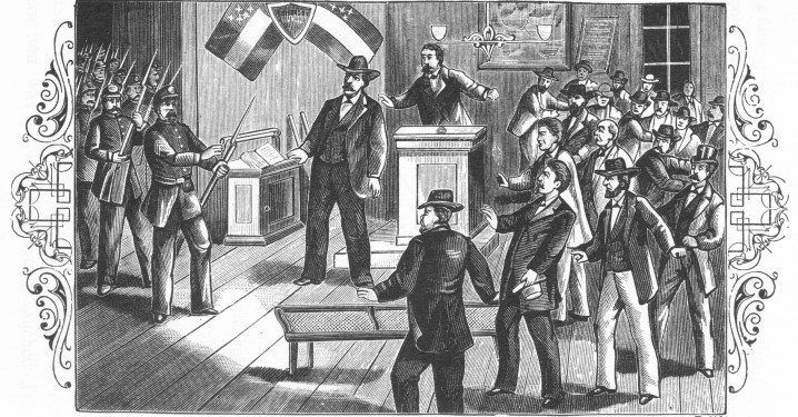 "The door burst open and a stream of blue coated
soldiers came pouring in." P 298