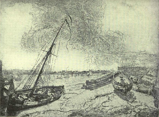 Barques &eacute;chou&eacute;es&mdash;1888. Gravure &agrave; l'eau-forte.