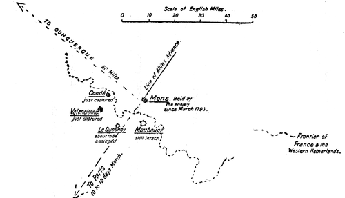 Showing condition of the frontier fortresses blocking the
road to Paris when the expedition to Dunquerque was decided upon. August
1793.