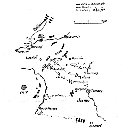 Tourcoing. May 16 to 18, 1794. The breakdown of the attempt of the Allies to cut off the French near
Courtrai from Lille was due to their failure to synchronise They should
have been in line from A to B at noon of the 17th with Clerfayt at C.