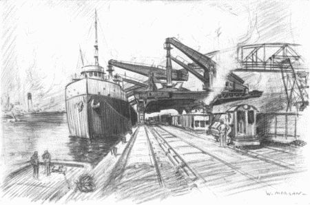 Down by the docks we saw gigantic, strange machines, expressive of Cleveland's lake commerce&mdash;machines
for loading and unloading ships in the space of a few hours