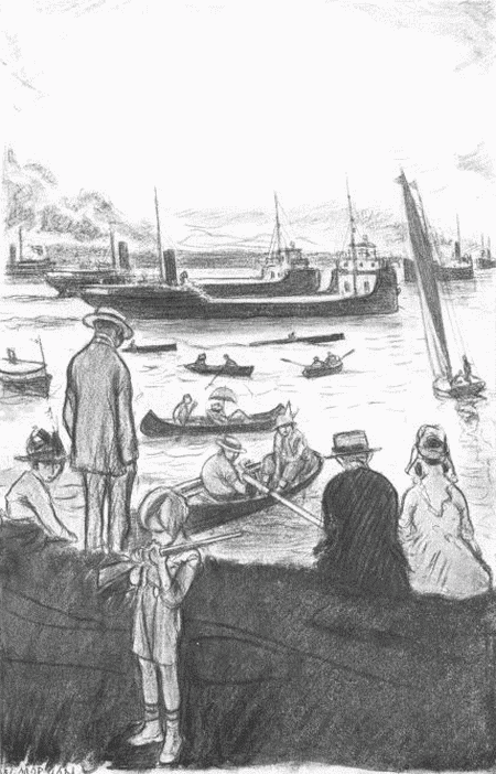 In midstream passes a continual parade of freighters ... and in their
swell you may see, teetering, all kinds of craft, from proud white yachts
to canoes