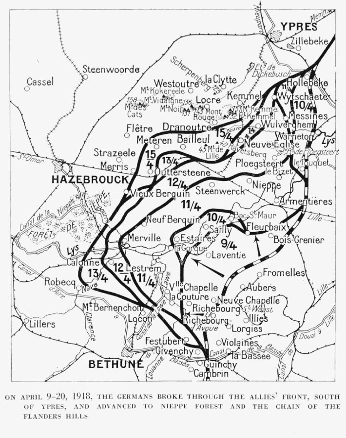ON APRIL 9&mdash;20, 1918, THE GERMANS BROKE THROUGH THE ALLIES' FRONT, SOUTH
OF YPRES, AND ADVANCED TO NIEPPE FOREST AND THE CHAIN OF THE
FLANDERS HILLS