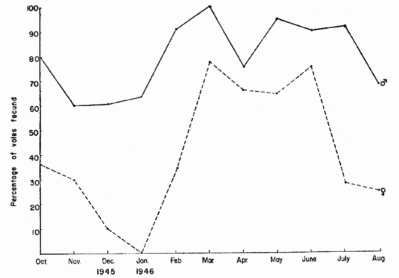 Figure 2. Fecundity of Prairie Voles by Months. Adults and Subadults are
Considered Together.