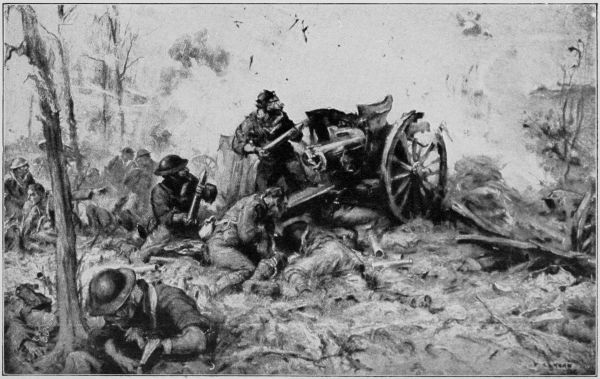 From a painting by F. C. Yohn.

The battle of Seicheprey.

"All through the night the artillerymen sent their shells, encasing
themselves in gas masks." (Page 225)