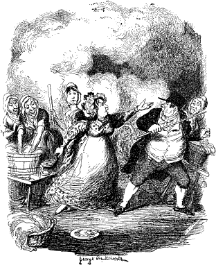 ZIJ GREEP EEN TIJL MET ZEEPSOP, DUWDE MR.
  BUMBLE NAAR DE DEUR EN BEVAL HEM ONMIDDELLIJK HEEN TE GAAN, WILDE HIJ
  DEN INHOUD NIET OP ZIJN WAARDIGE PERSOON UITGESTORT ZIEN.