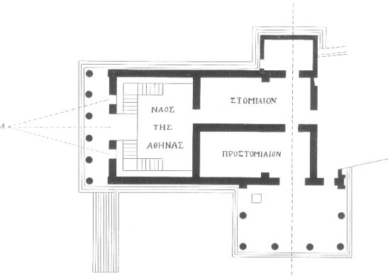 Figure 7
Plan of Erechtheum showing new interior arrangement. Dotted lines from A
show simultaneous visibility of windows from the axis of the door