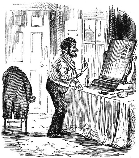 The Moustache Movement.&mdash;Old Mr. What's-His-Name: "Egad, I
don't wonder at moustaches coming into fashion; for&mdash;eh? What? By Jove, it
does improve one's appearance."

By John Leech in "Punch's Almanack," 1857.

SELECTED BY MR. CHARLES HARRISON.