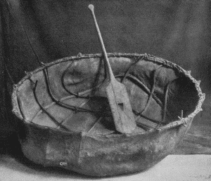b. Bull-boat and paddle, obtained from the Hidatsa. Marked "Fort Buford, Dak. Ter. Grosventres
Tribe. Drs. Gray and Matthews." (U.S.N.M. 9785)