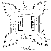 PLAN OF FORT PRINCE OF WALES.
By J. B. Tyrrell. 1894.
Walls, 37 to 42 feet thick, 16 feet 9 inches high.
Scale: 80 feet = 1 inch.
