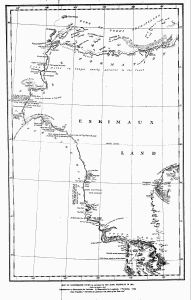 MAP OF COPPERMINE RIVER as surveyed by SIR JOHN FRANKLIN IN 1821
Scale&mdash;14&frac12; miles in 1 inch
References&mdash;t Observation for Latitude. O Observation for Longitude. Y Variation. T Dip.
From Franklin's "Narrative of a Journey to the Shores of the Polar Sea"