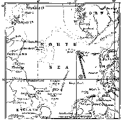 CHART SHOWING POSITIONS IN BATTLE OF JUTLAND IN RELATION
TO SURROUNDINGS OF THE NORTH SEA. (1) SCENE OF BATTLE. (2) POSITION OF
BRITISH FLEET AT 3 A. M., JUNE 1, 1916, BEFORE RETRACING ITS COURSE TO
THE BATTLEFIELD.