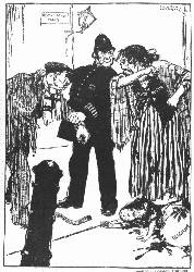 [English Cartoon]
The Rescuer's Usual Fate!
&mdash;From London Opinion.
Policeman John Bull: "But I only came on the scene because he had
started to knock you about!"
Mrs. Russia: "Never mind about that. Go on, Bill, teach 'im to
interfere&mdash;hit me again."