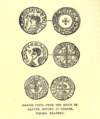 DANISH COINS FROM THE REIGN OF CANUTE, MINTED AT ODENSE,
VIBORG, HEATHBY.